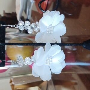 Pearly & Blingy Bead Ivory White Diaphanous Petal Flower Drop Earrings